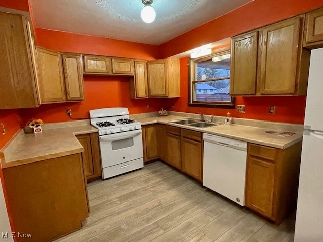 kitchen with light wood-type flooring, white appliances, and sink