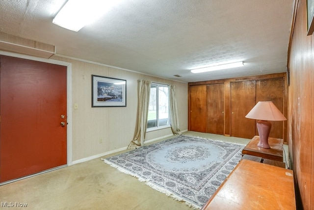 interior space with light carpet, a textured ceiling, and ornamental molding