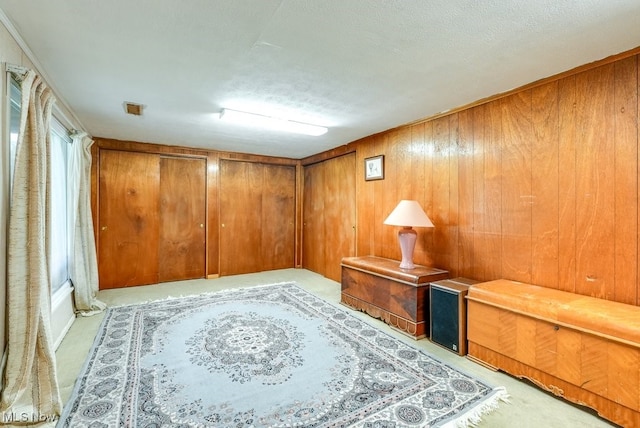 interior space featuring wood walls, a textured ceiling, and light carpet