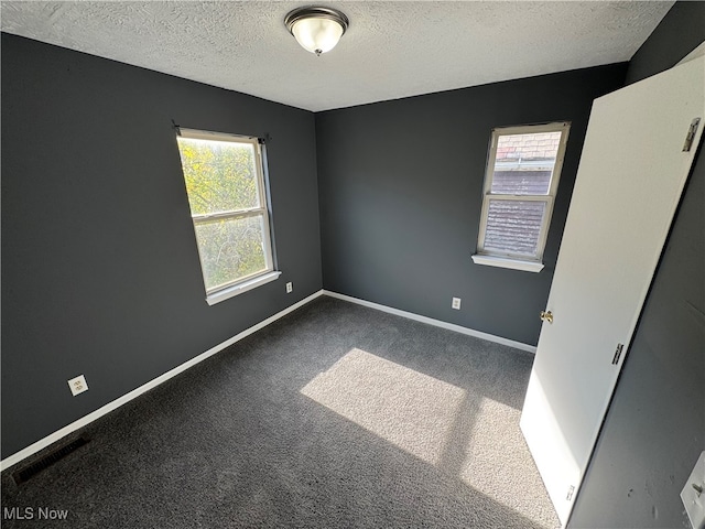 unfurnished room with carpet and a textured ceiling