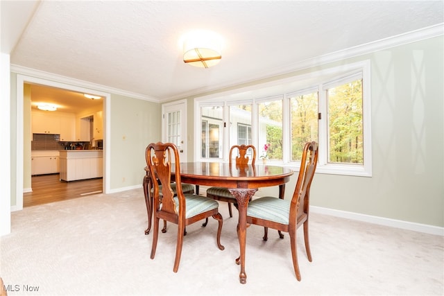 carpeted dining area with a textured ceiling and crown molding