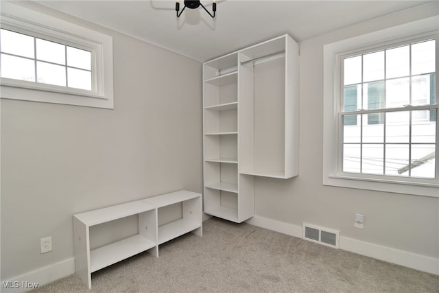 walk in closet featuring light carpet