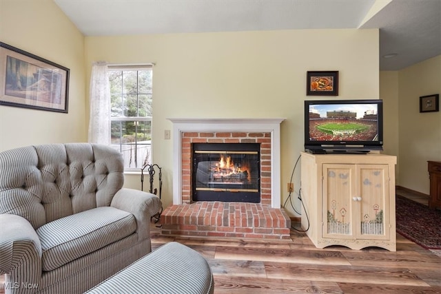 living room with a fireplace and hardwood / wood-style flooring