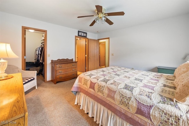 bedroom featuring carpet, a walk in closet, a closet, and ceiling fan