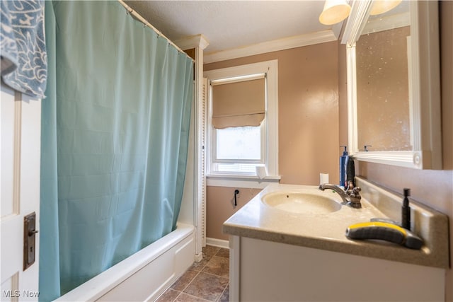 bathroom featuring tile patterned floors, vanity, shower / bath combo, and crown molding