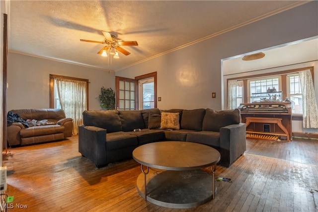 living room with wood-type flooring, a textured ceiling, ceiling fan, and crown molding