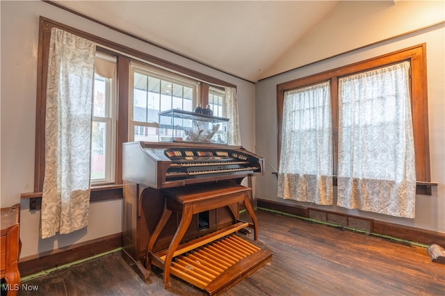 misc room with dark wood-type flooring and vaulted ceiling