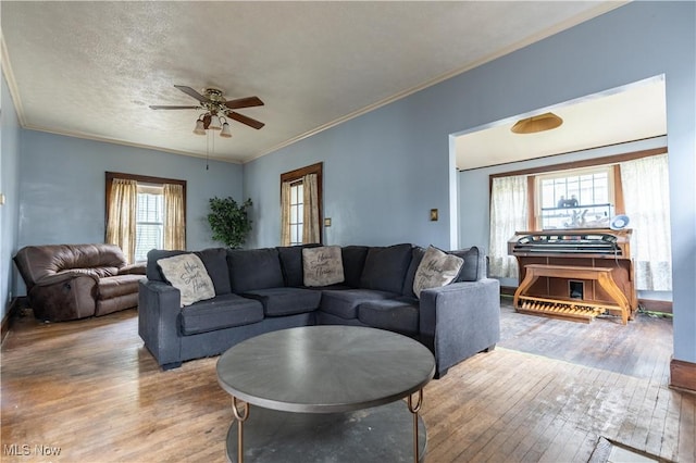 living room featuring a ceiling fan, ornamental molding, and wood-type flooring
