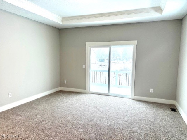 carpeted empty room featuring a raised ceiling and crown molding