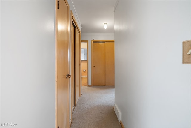 hall featuring light carpet and ornamental molding