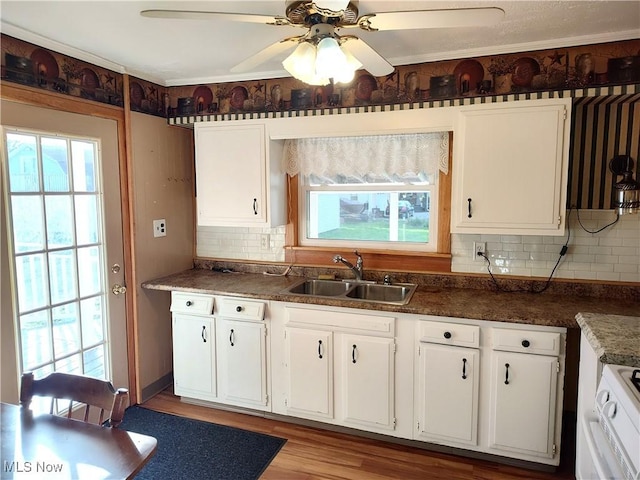 975 Broad St, Conneaut, OH 44030 - kitchen featuring healthy amount of natural light, decorative backsplash, and white cabinets