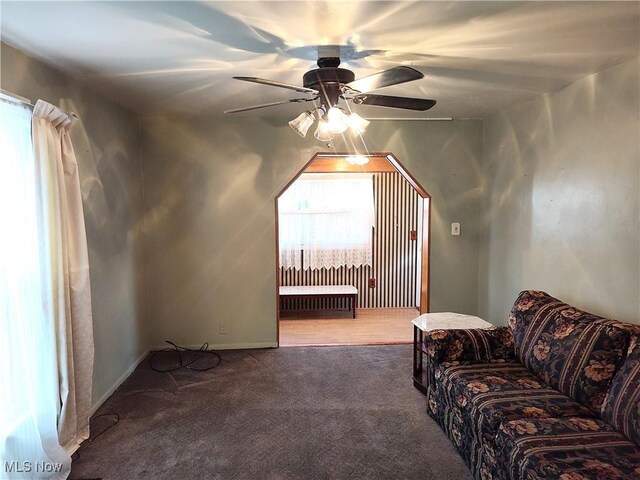 975 Broad St, Conneaut, OH 44030 - carpeted living room with ceiling fan and radiator heating unit