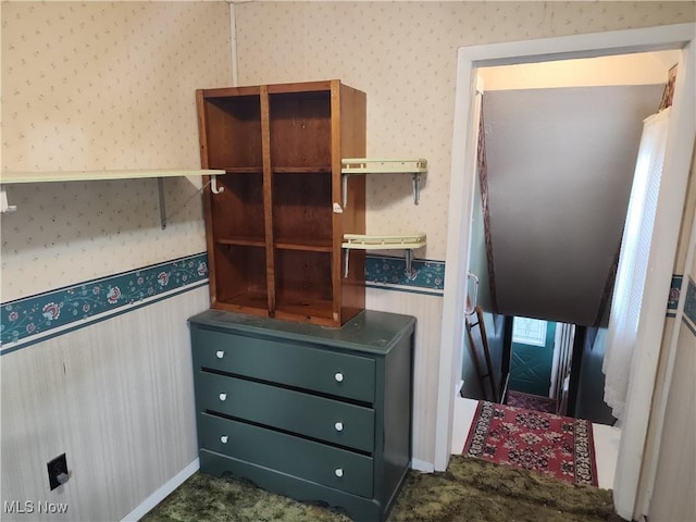 975 Broad St, Conneaut, OH 44030 - kitchen with wallpapered walls, open shelves, and a wainscoted wall