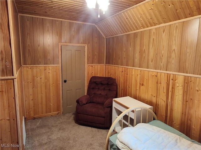 975 Broad St, Conneaut, OH 44030 - bedroom featuring wood walls, carpet flooring, wood ceiling, and vaulted ceiling