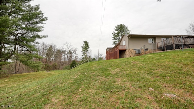 view of yard featuring central AC and a wooden deck