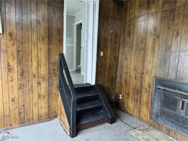 stairway with a wood stove, wood walls, and carpet