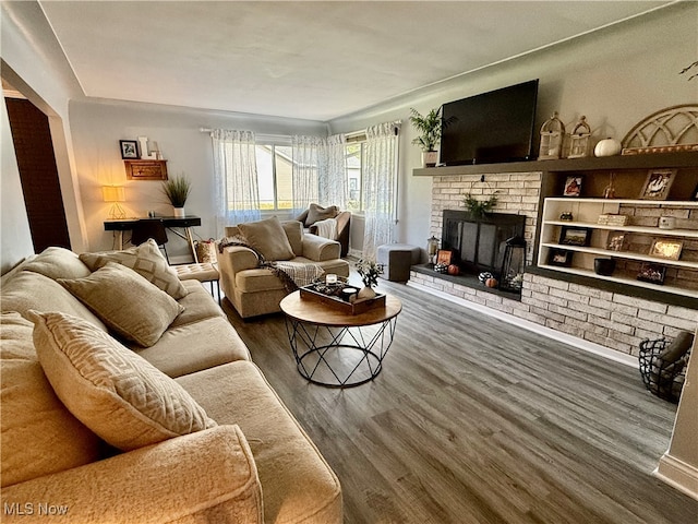 living room featuring dark hardwood / wood-style flooring and a fireplace