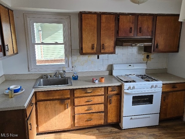 kitchen featuring sink, white gas stove, tasteful backsplash, ventilation hood, and wood-type flooring