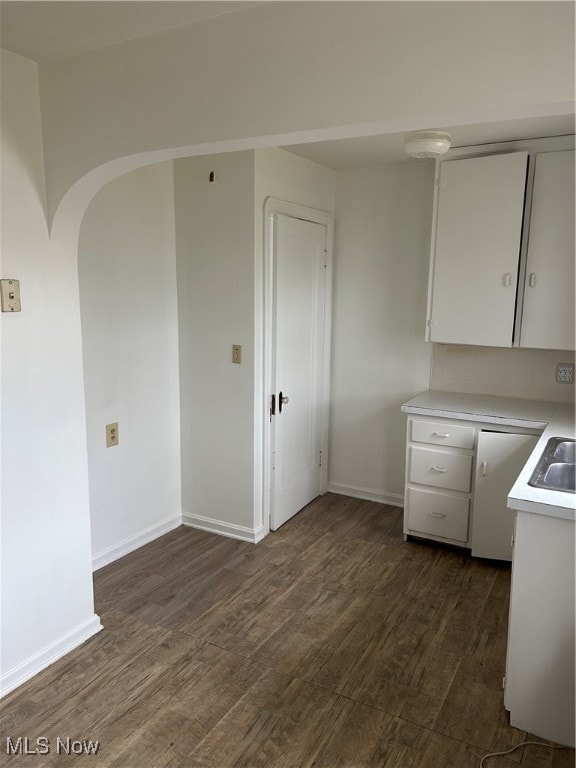 kitchen featuring white cabinetry, dark wood-type flooring, and sink