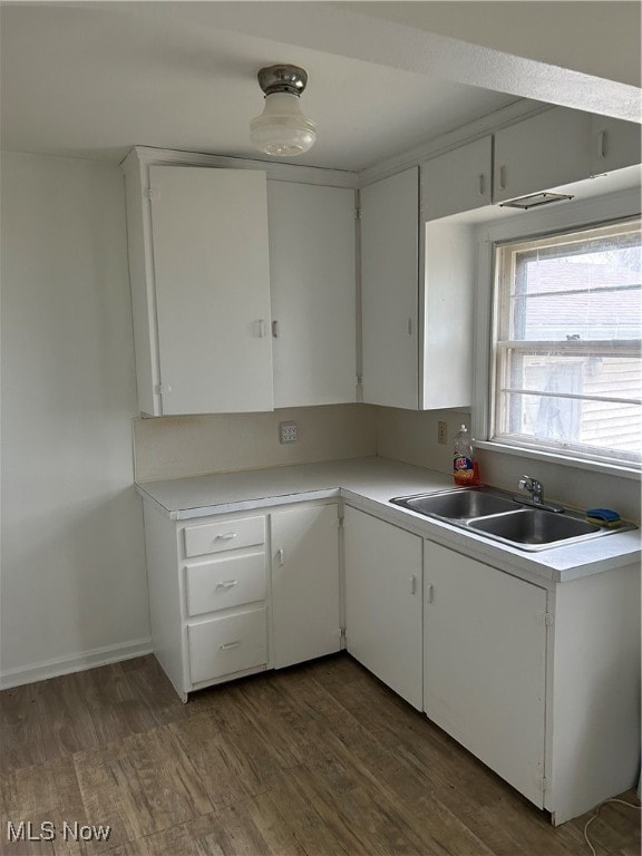 kitchen with dark hardwood / wood-style floors and white cabinetry