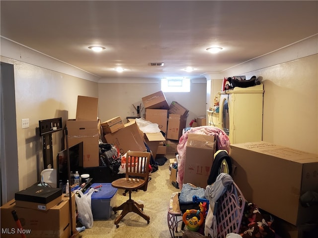 basement with carpet flooring