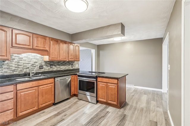 kitchen featuring kitchen peninsula, light wood-type flooring, stainless steel appliances, sink, and dark stone countertops