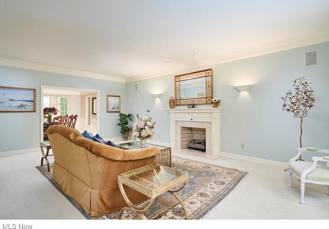 carpeted living room featuring ornamental molding