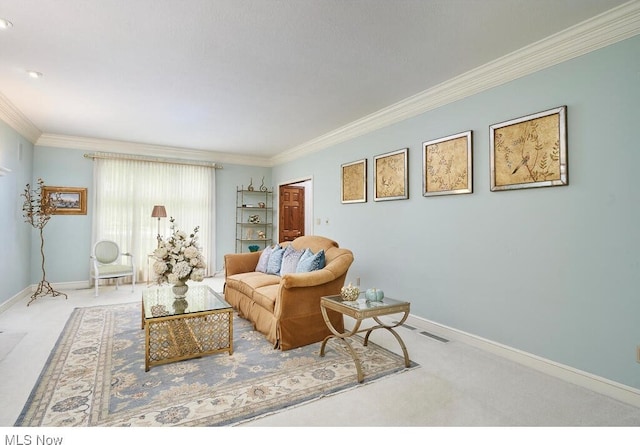 living room with ornamental molding and light carpet