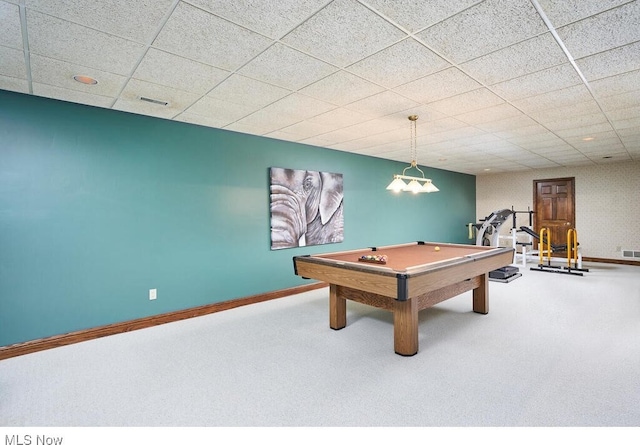 recreation room with carpet, a drop ceiling, and pool table