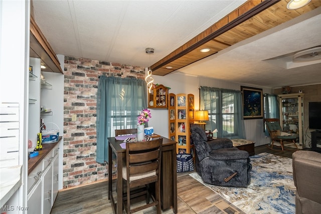 dining room with a healthy amount of sunlight, dark wood-type flooring, and a textured ceiling