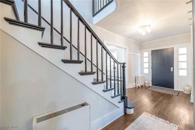 entryway featuring crown molding, radiator, and dark hardwood / wood-style floors