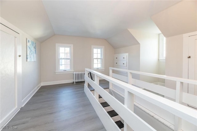 additional living space with radiator heating unit, lofted ceiling, and wood-type flooring