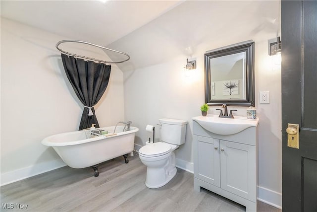 bathroom with wood-type flooring, vanity, toilet, and a bathing tub