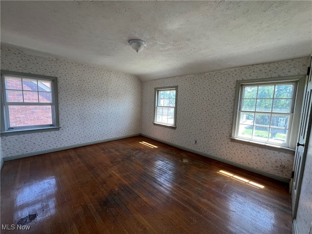 unfurnished room featuring vaulted ceiling, a healthy amount of sunlight, dark wood-type flooring, and a textured ceiling