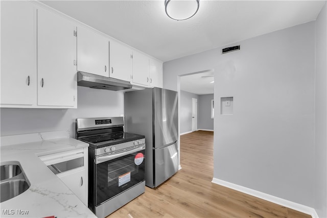 kitchen featuring white cabinets, sink, light wood-type flooring, light stone counters, and stainless steel appliances