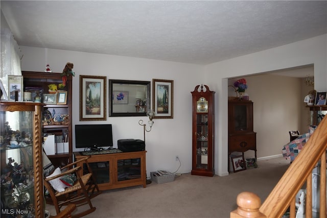 carpeted office with a textured ceiling