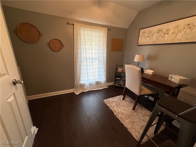 office area featuring dark hardwood / wood-style flooring and lofted ceiling