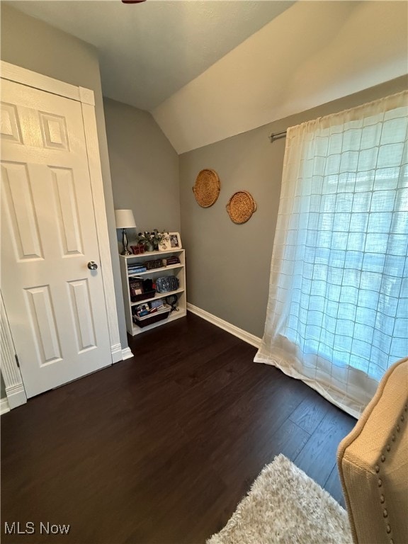 interior space featuring dark hardwood / wood-style flooring and vaulted ceiling