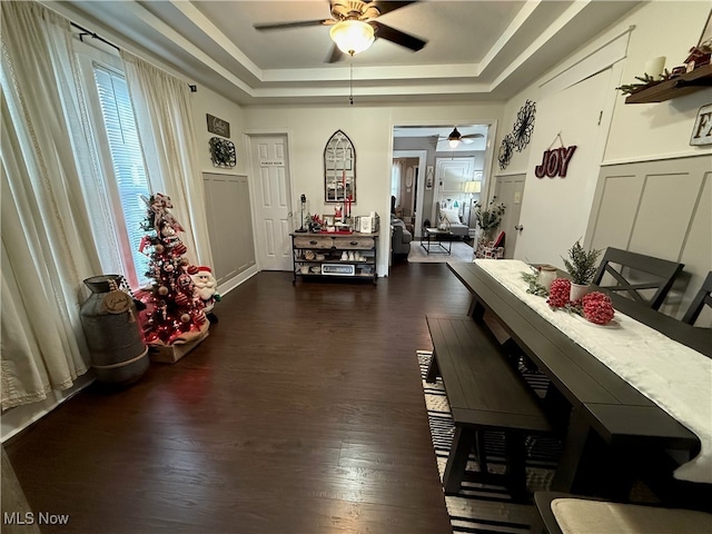 dining room with dark hardwood / wood-style floors, ceiling fan, and a tray ceiling