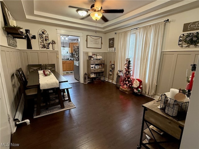 living area featuring dark hardwood / wood-style floors, plenty of natural light, a tray ceiling, and ceiling fan