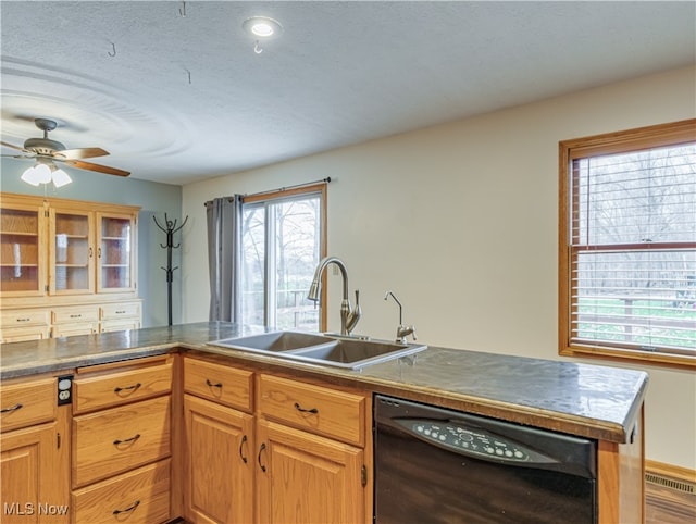 kitchen featuring a textured ceiling, ceiling fan, sink, and black dishwasher