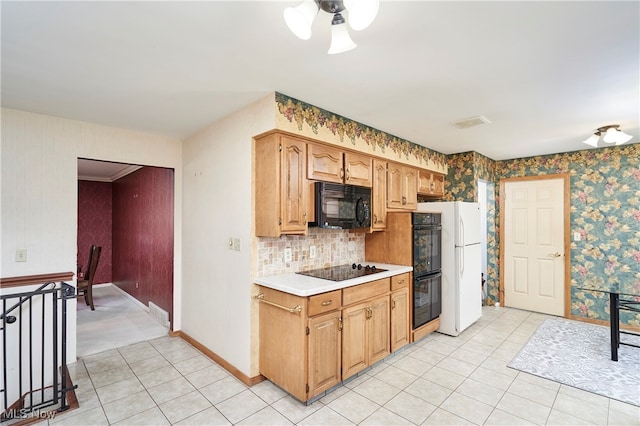 kitchen featuring black appliances, decorative backsplash, light tile patterned flooring, and ceiling fan