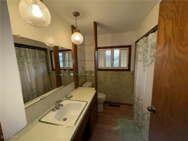 bathroom featuring vanity, a healthy amount of sunlight, toilet, and wood-type flooring