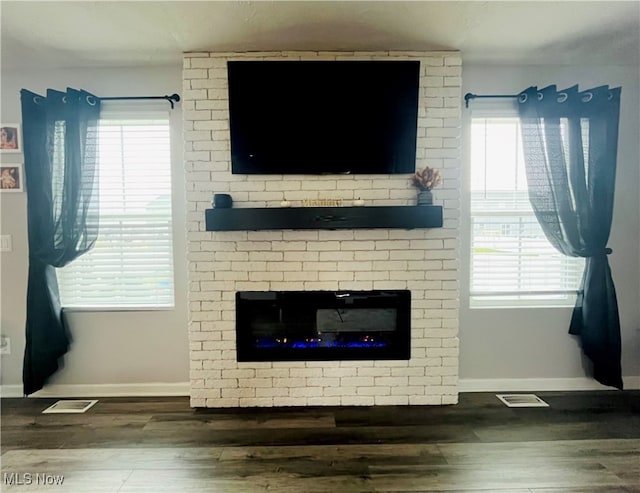 details with a large fireplace and hardwood / wood-style flooring