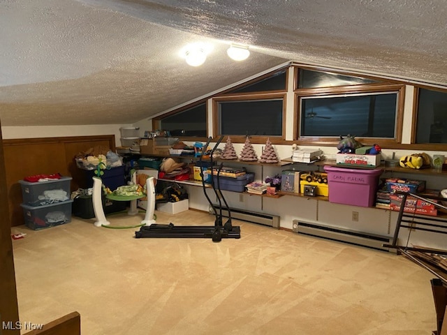 interior space featuring carpet floors, a textured ceiling, and vaulted ceiling