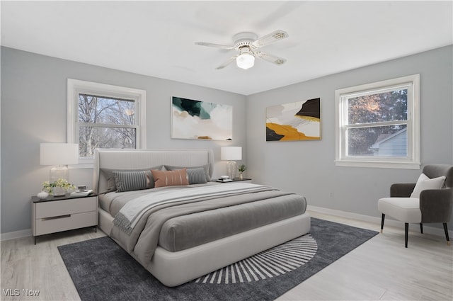 bedroom featuring ceiling fan and light hardwood / wood-style floors