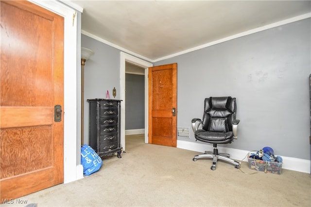 office area with carpet and ornamental molding