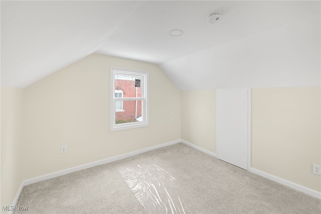 additional living space with light carpet, baseboards, and vaulted ceiling