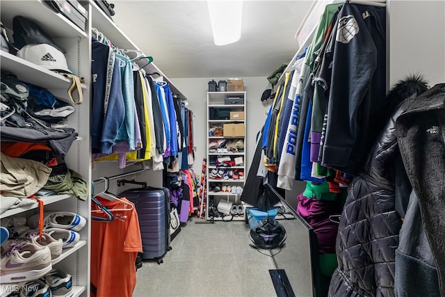 walk in closet with light carpet