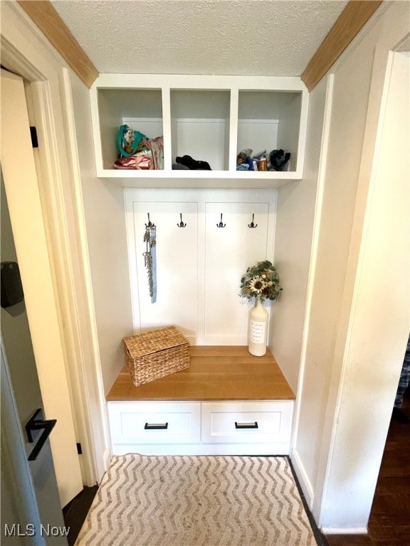 mudroom with a textured ceiling